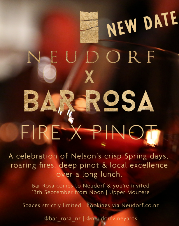 Promotional event poster for 'Neudorf x Bar Rosa Fire x Pinot' featuring a dark, warm-toned background with a blurred red wine glass and gold glitter text.